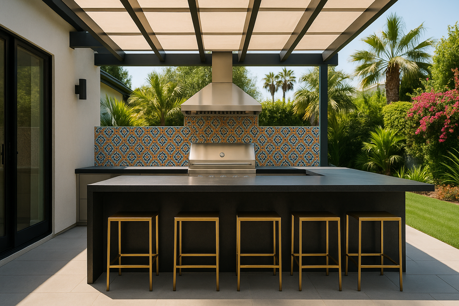 Modern outdoor kitchen with granite waterfall island and stainless steel grill in Pacific Palisades, California.