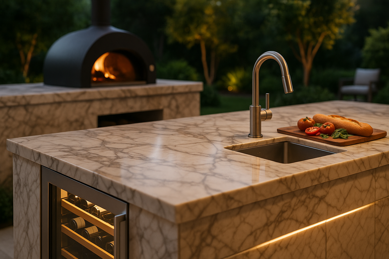 Luxury outdoor kitchen counter with Calacatta marble and Sub-Zero wine fridge in a Pacific Palisades backyard.