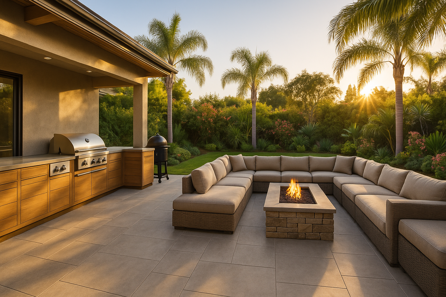 Expansive outdoor kitchen and lounge area with fire pit in Pacific Palisades, California, surrounded by lush landscaping.