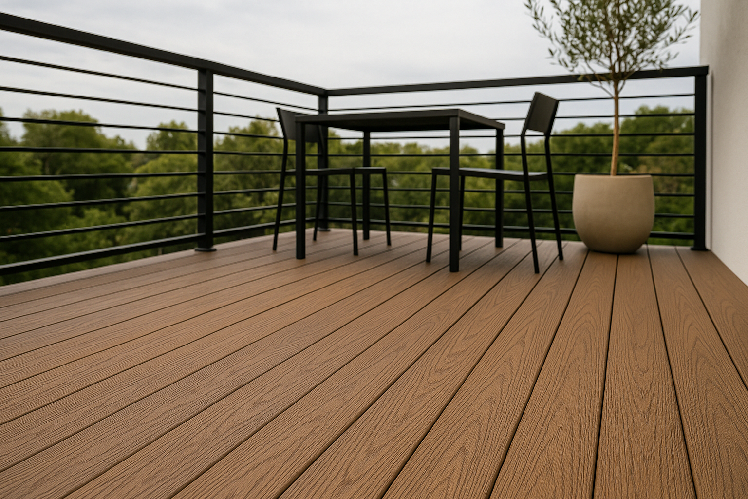 Close-up view of composite decking with wood grain texture and modern black aluminum railing in Studio City, California.