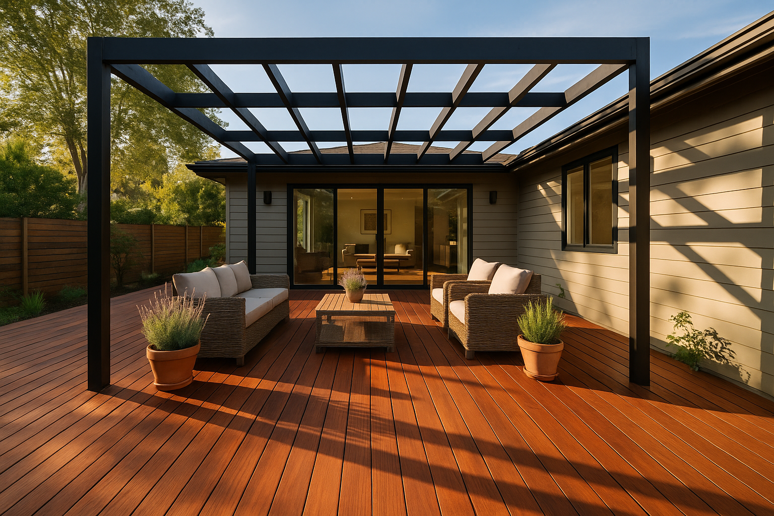 Expansive natural redwood deck with modern pergola and rattan furniture in Studio City, California.