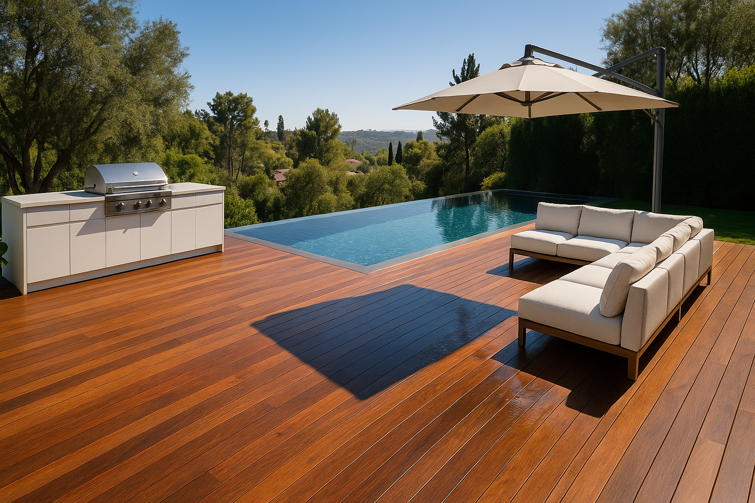Luxurious ipe hardwood deck with infinity-edge pool and outdoor kitchen in Studio City, California.