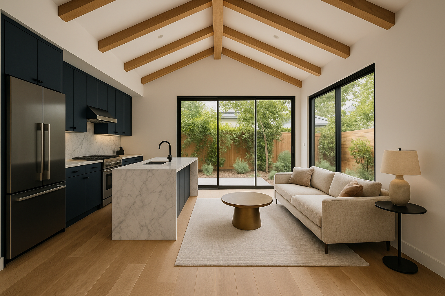 Interior of a detached ADU in Los Angeles featuring luxury finishes like Calacatta marble countertops and white oak flooring.