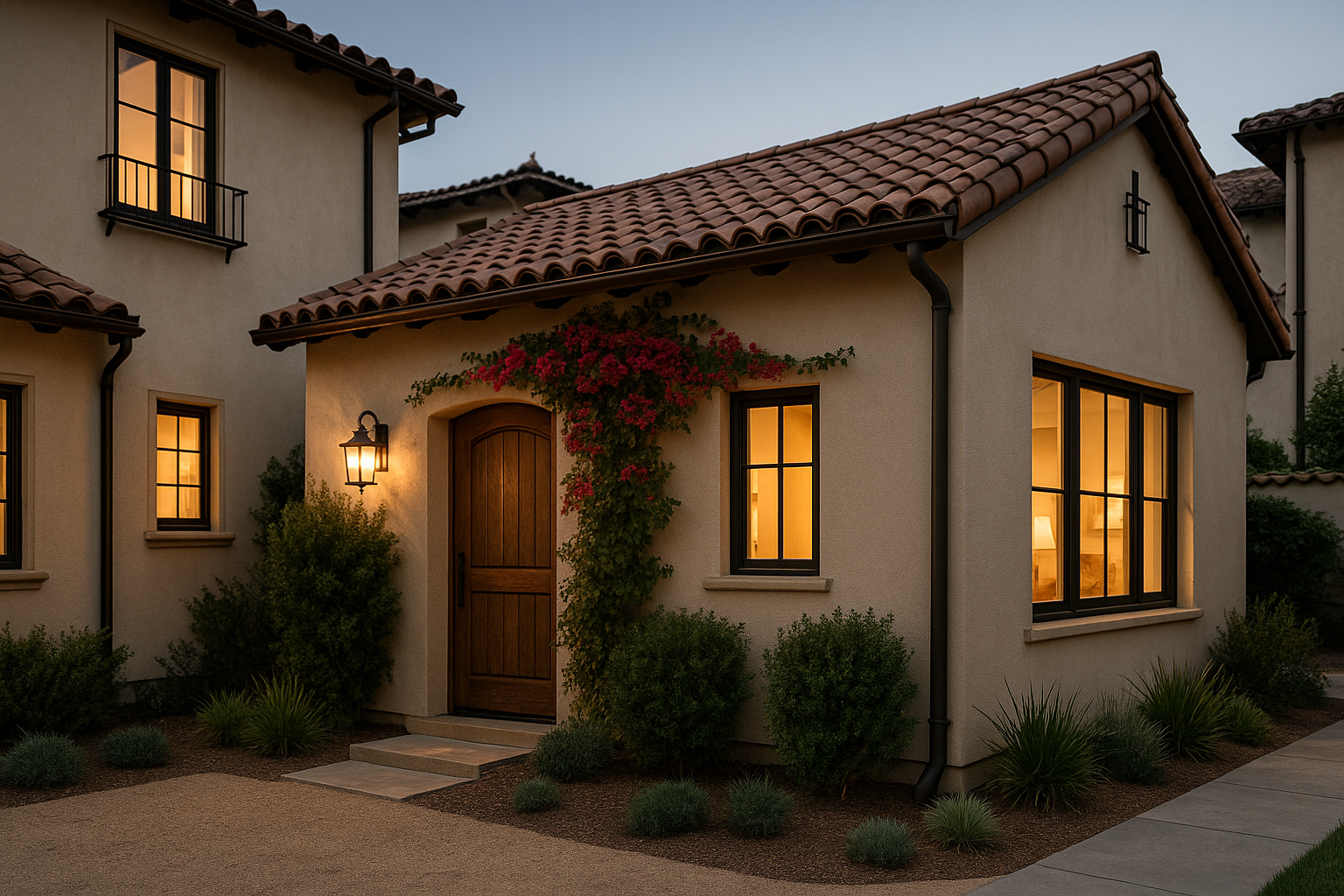 Exterior of an attached ADU in Brentwood, Los Angeles, showcasing Mediterranean-style architecture and lush landscaping.