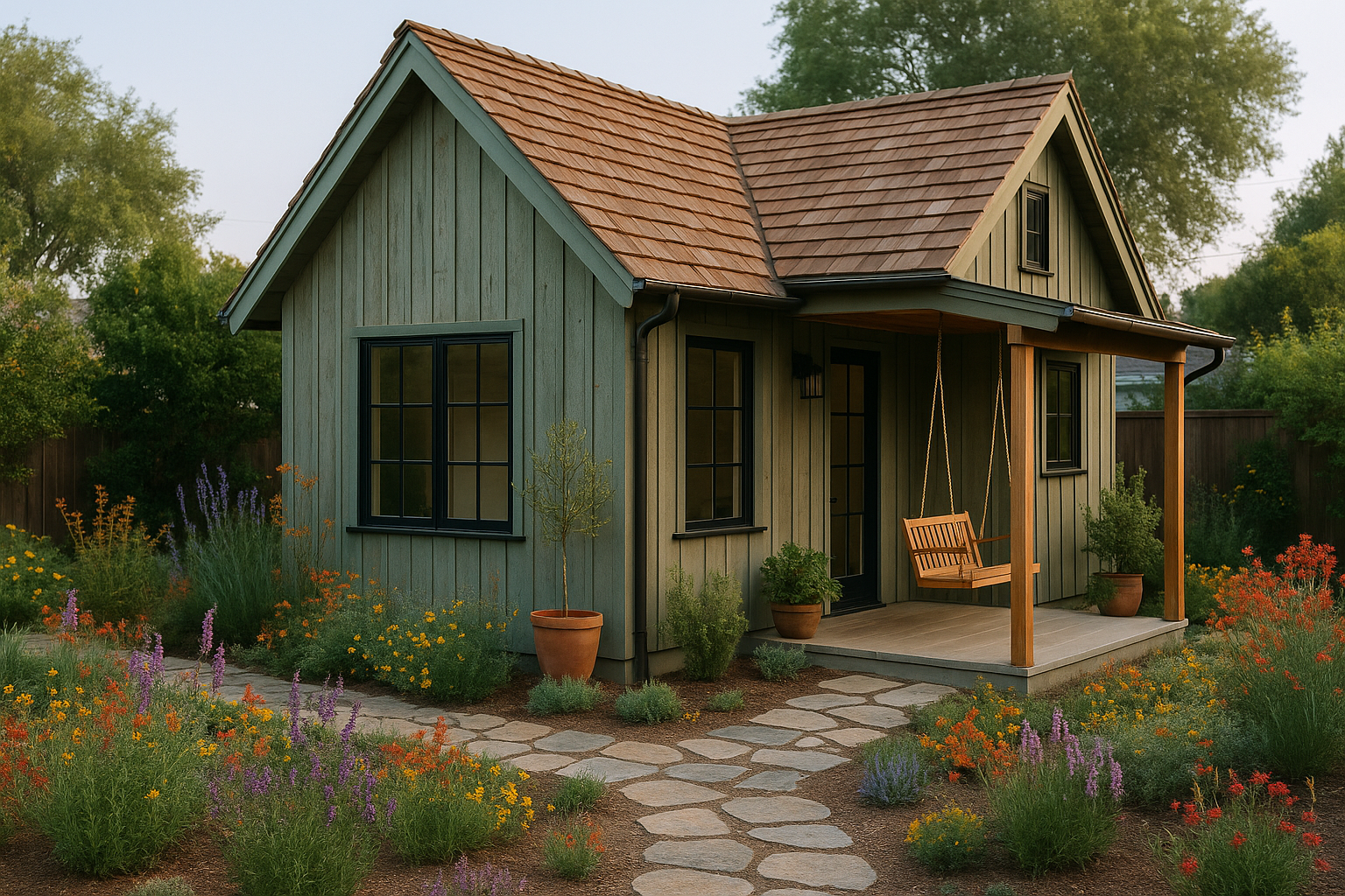 Rustic backyard cottage ADU in Los Angeles with reclaimed wood siding, cedar shingles, and California-native landscaping.