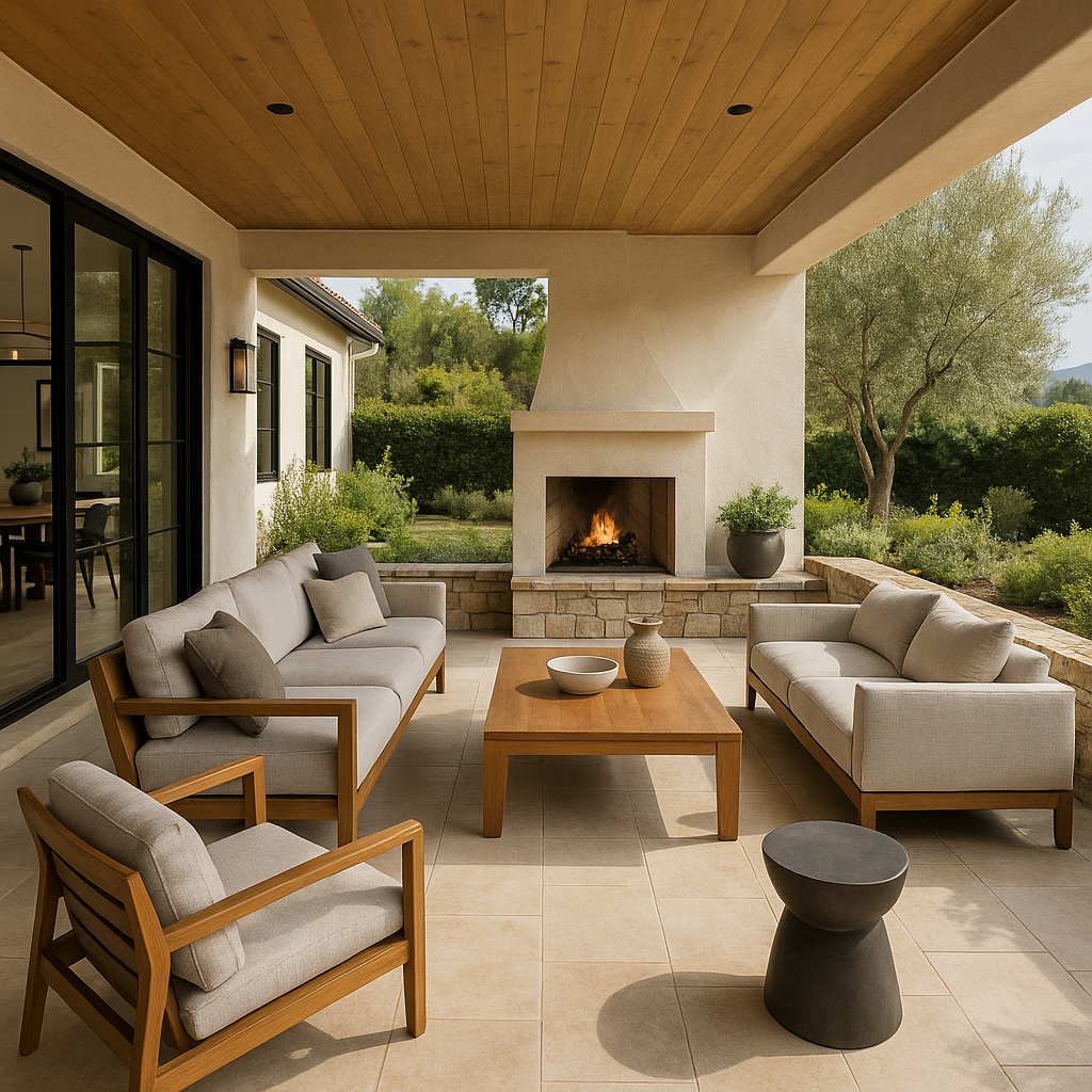 Modern patio with fire pit and pergola in Atherton, California.