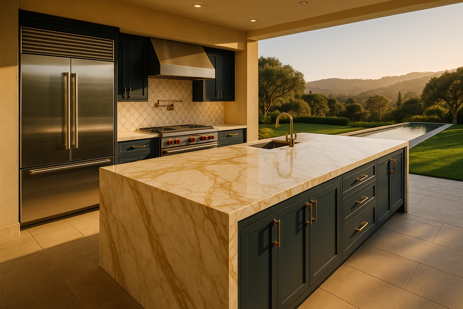 Luxury outdoor kitchen with marble countertops and Sub-Zero appliances in Atherton, California.