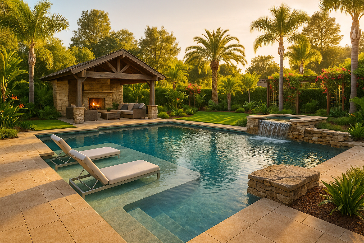Resort-style pool and cabana in Atherton, California backyard.