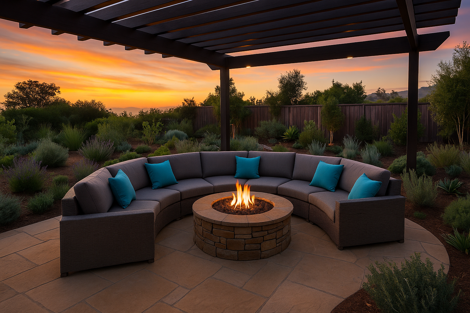 Elegant backyard patio seating area with fire pit in Ventura, California, featuring a modern pergola and natural stone landscaping.