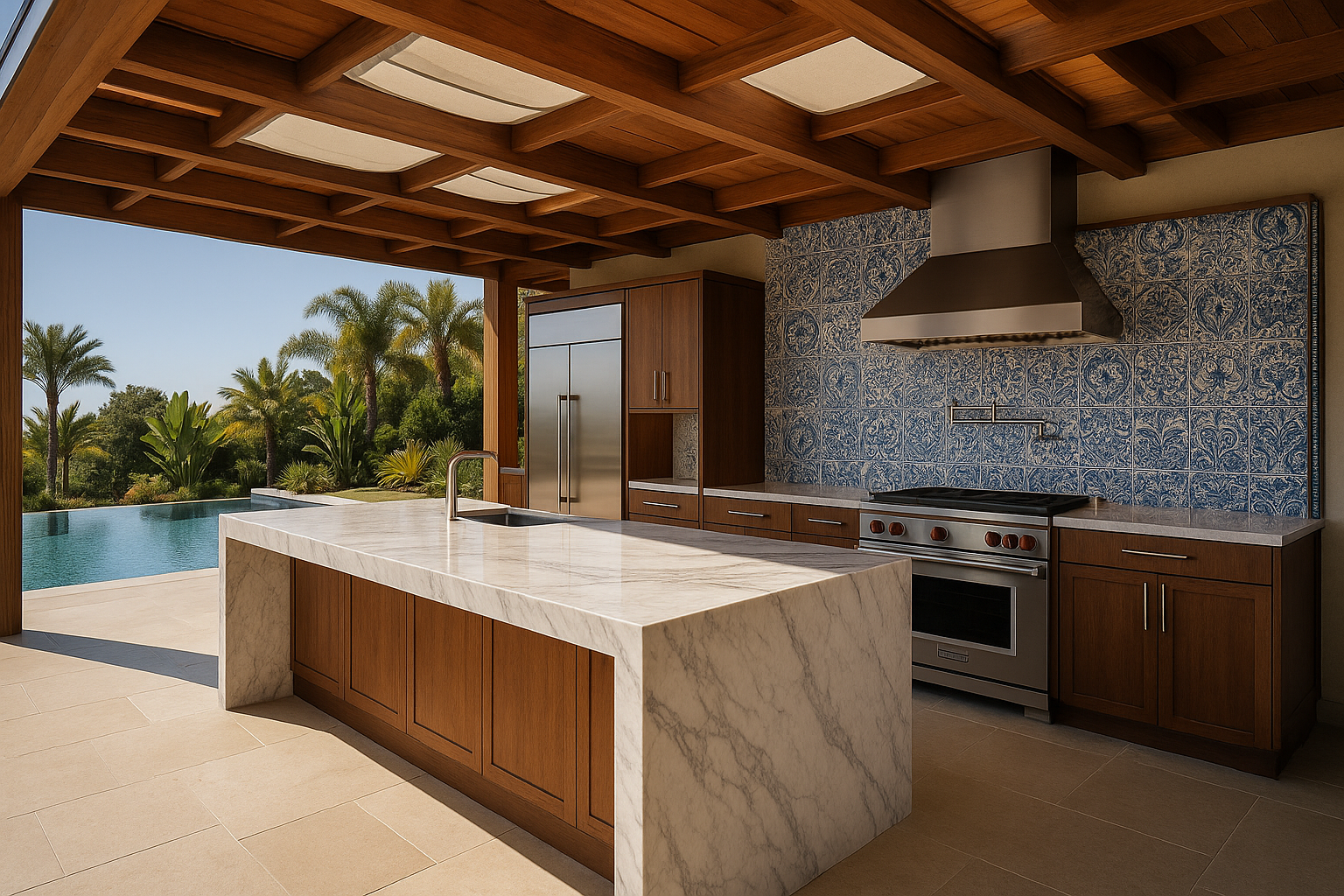 Luxury outdoor kitchen in Ventura, California, featuring Calacatta marble, Sub-Zero appliances, and a coastal-themed tile backsplash.