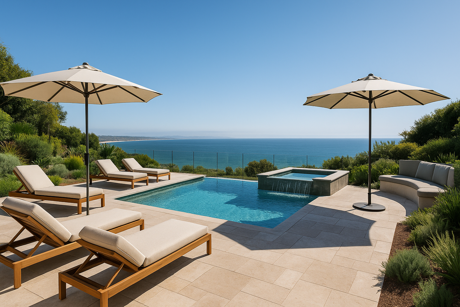 Luxury poolside lounge in Ventura, California, featuring an infinity pool, teak chaise lounges, and coastal views.