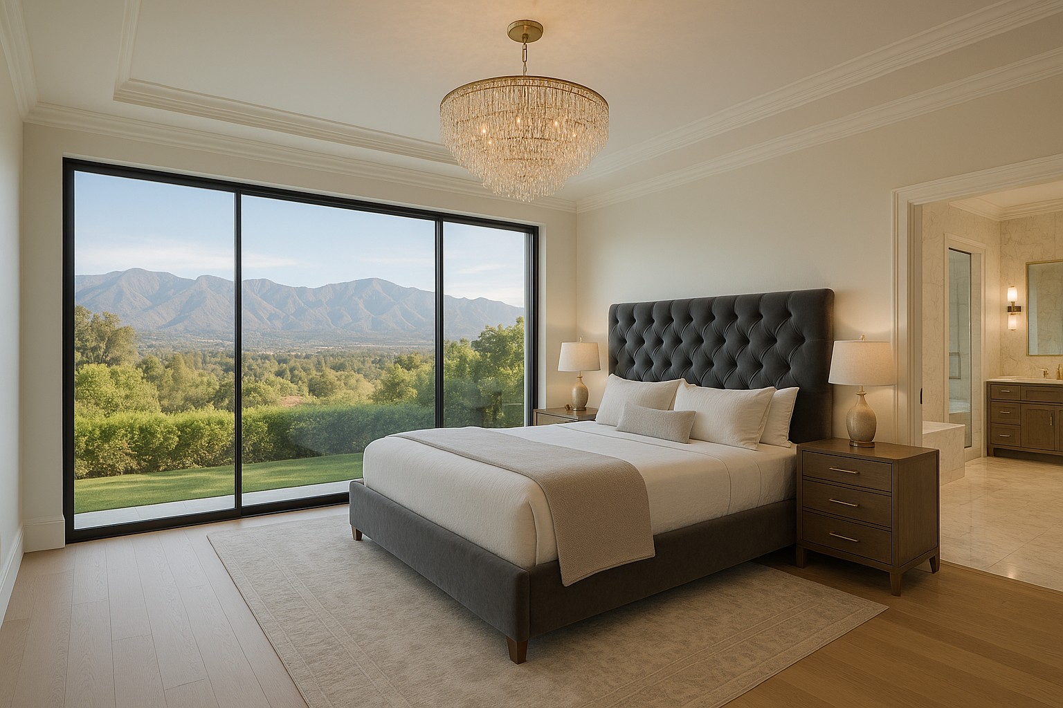 Luxury master suite addition with panoramic views of the San Gabriel Mountains in Pasadena, California.