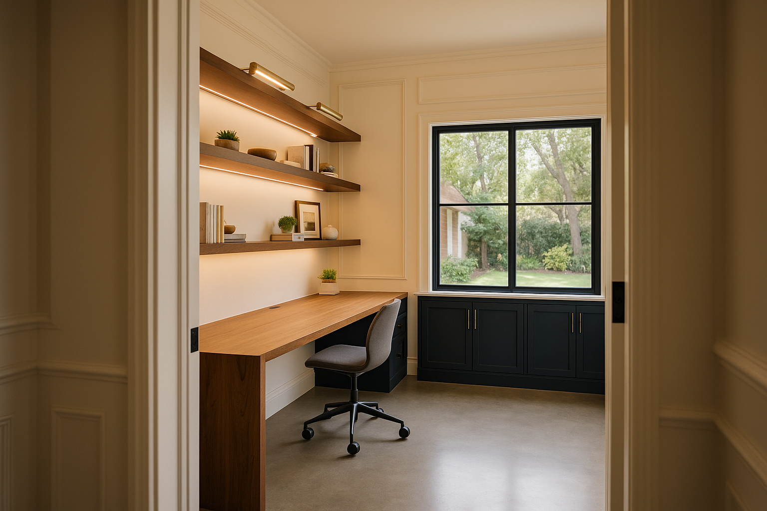 Contemporary home office addition with custom walnut desk in Pasadena, California.