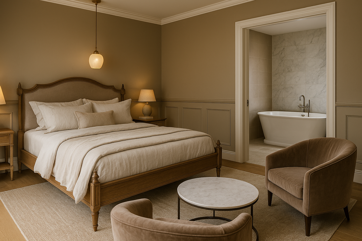 Elegant guest suite addition with en-suite bathroom and marble accent wall in Pasadena, California.