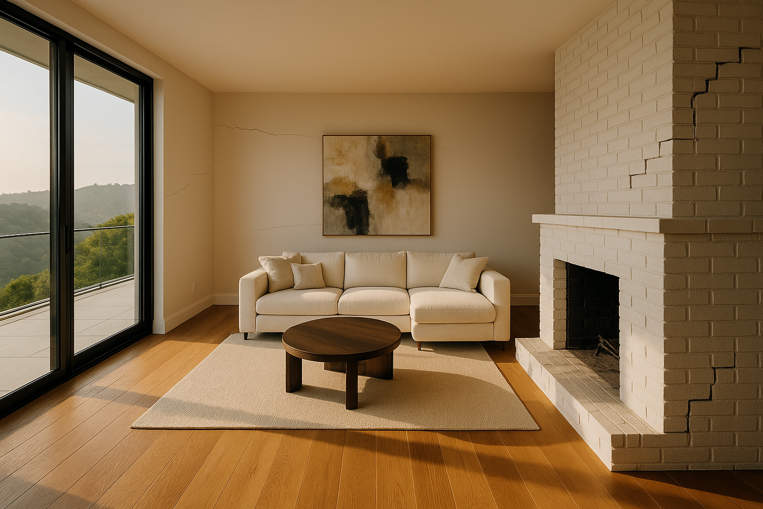 Interior of a West Hollywood living room with visible foundation cracks in the wall and fireplace, highlighting potential structural issues.