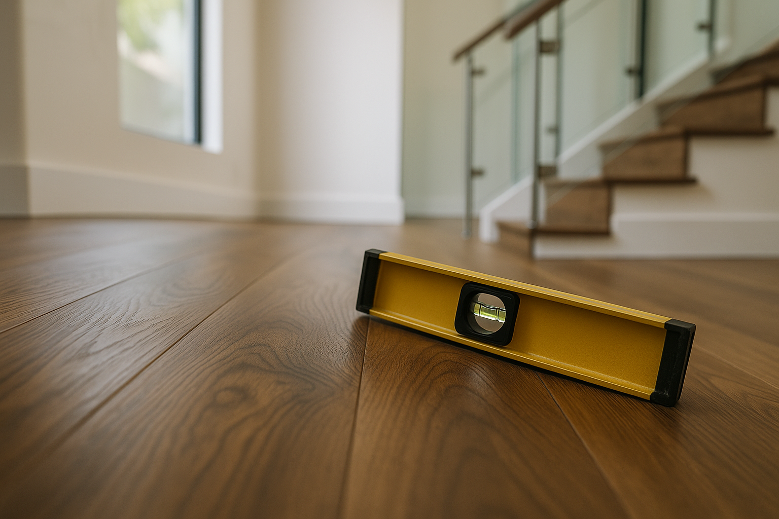 Close-up of uneven walnut hardwood floors in a West Hollywood home with a measuring level tool showing the slope.