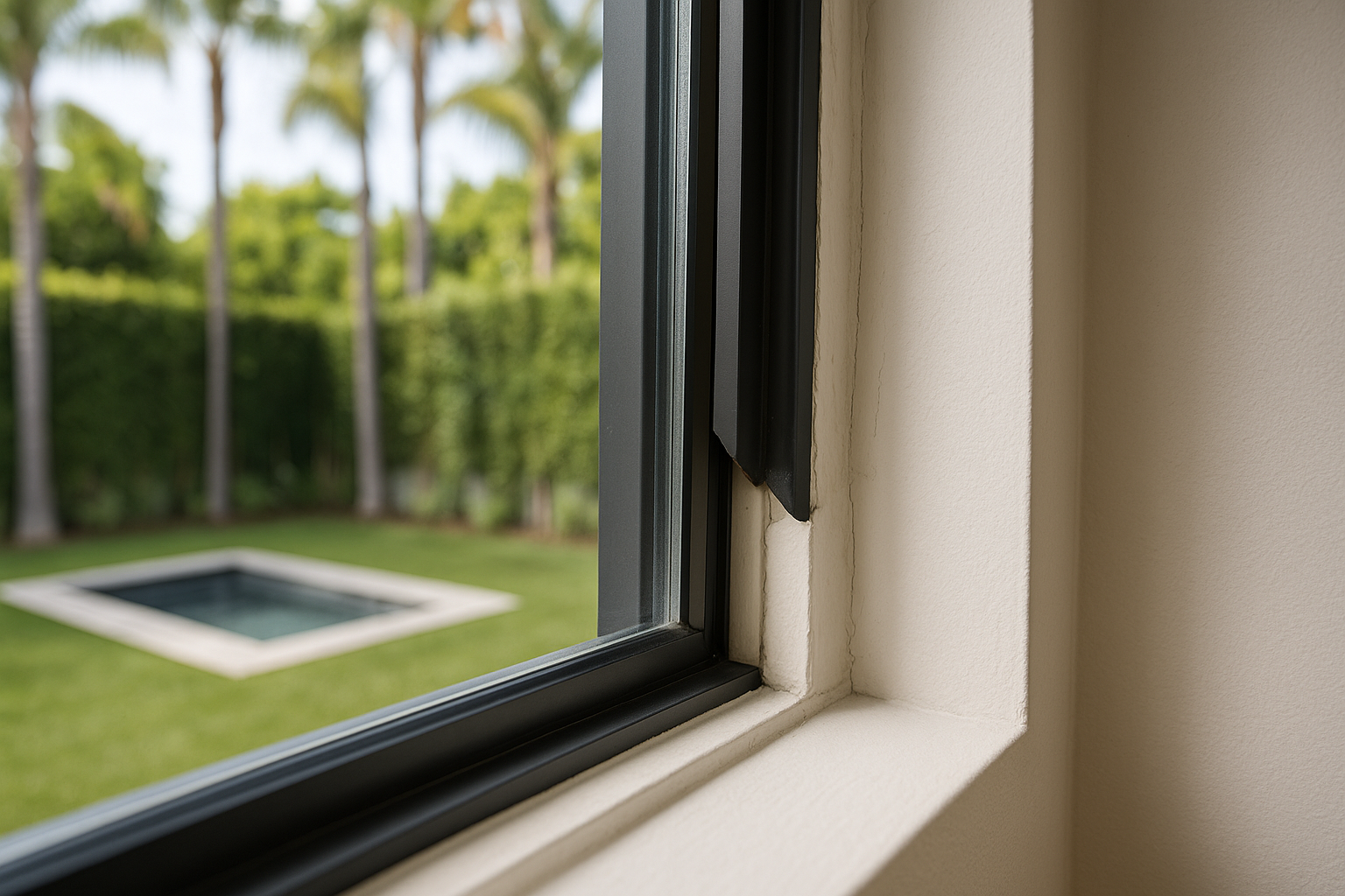 Close-up of a misaligned modern black aluminum window frame in a West Hollywood home, showing foundation settlement effects.