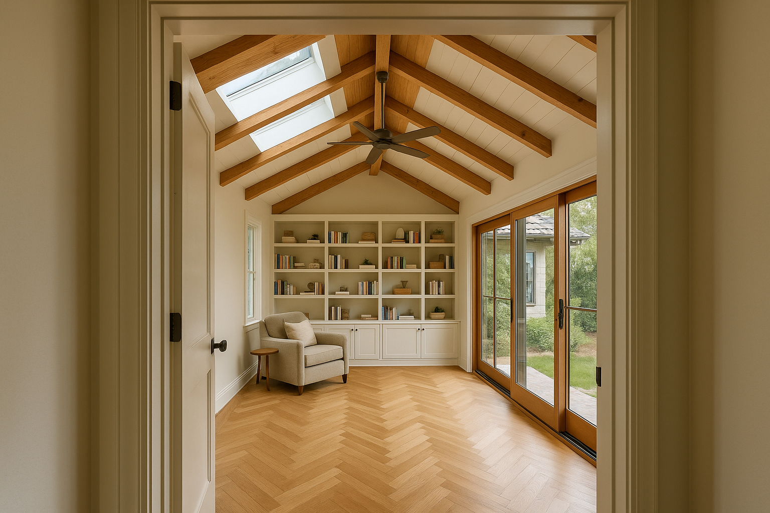 Interior view of a second-story addition in a Pasadena home, showcasing open-concept design with white oak flooring and vaulted ceilings.