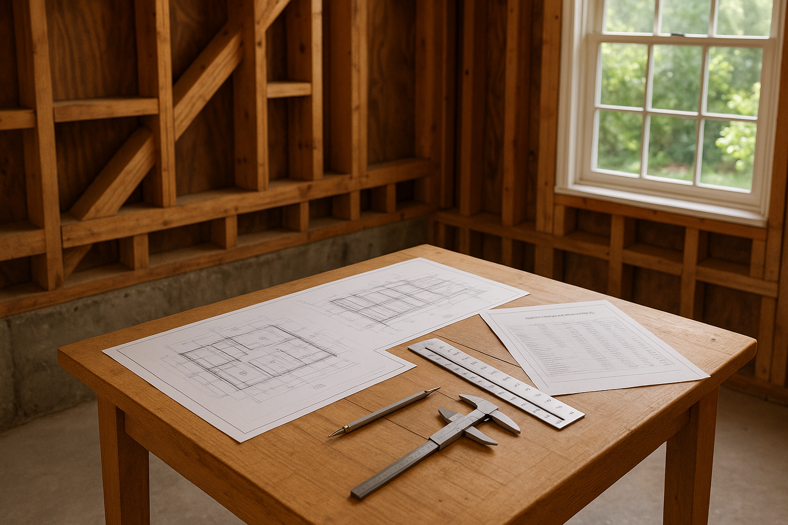 Structural evaluation process for a Pasadena home, showing blueprints and analysis reports on a drafting table.
