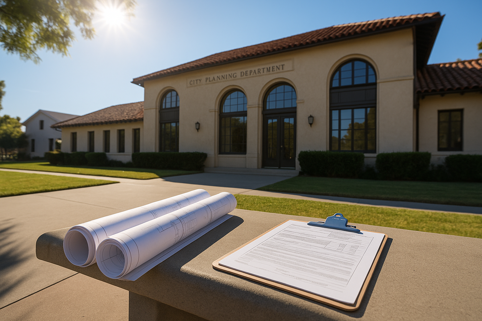Exterior of Pasadena City Planning Department with architectural plans, representing the permitting process for a second-story addition.