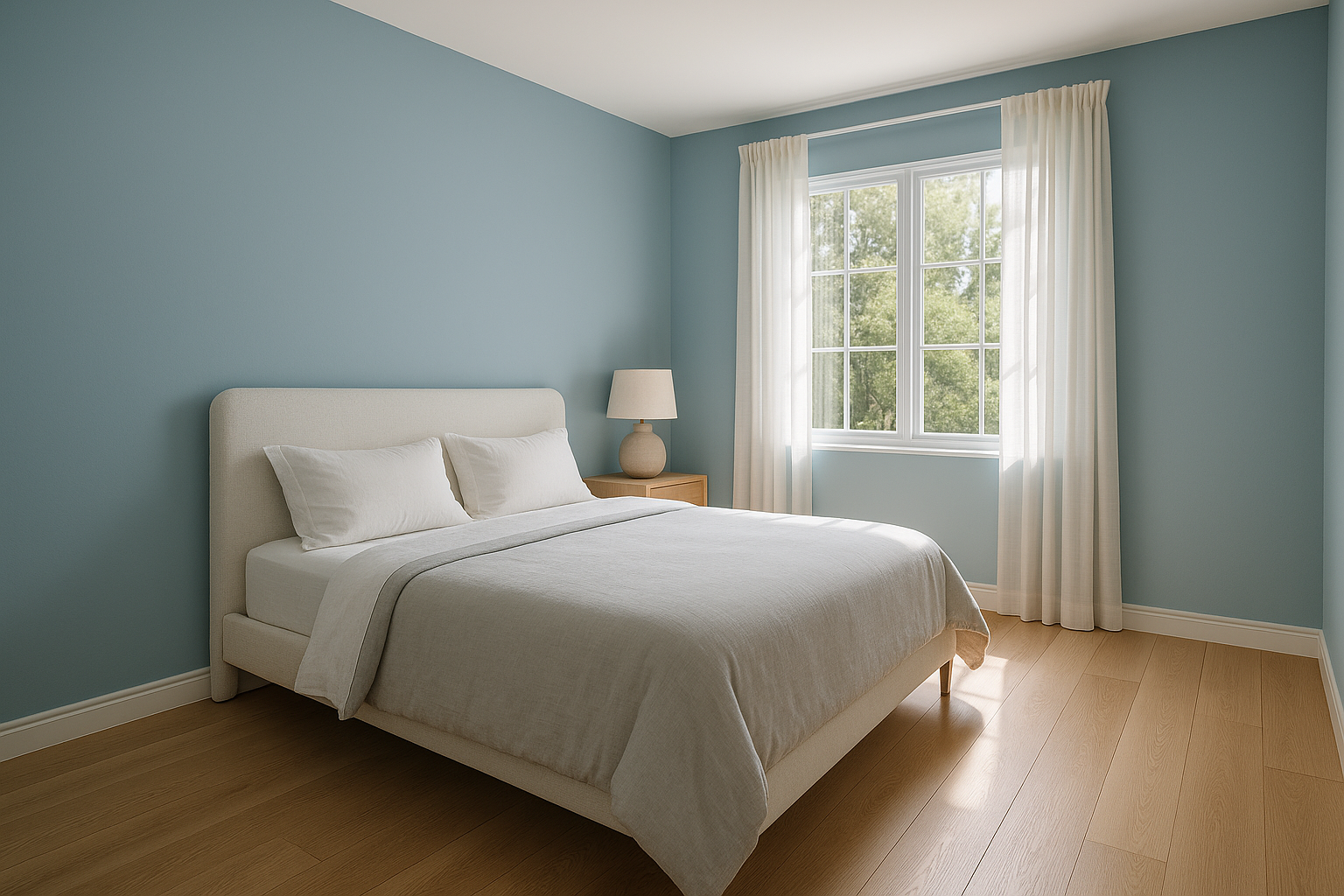 Calming bedroom in Sherman Oaks with soft blue walls and natural light