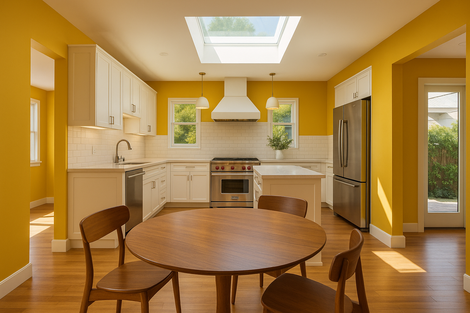 Energizing kitchen in Sherman Oaks with bold yellow walls and natural skylight