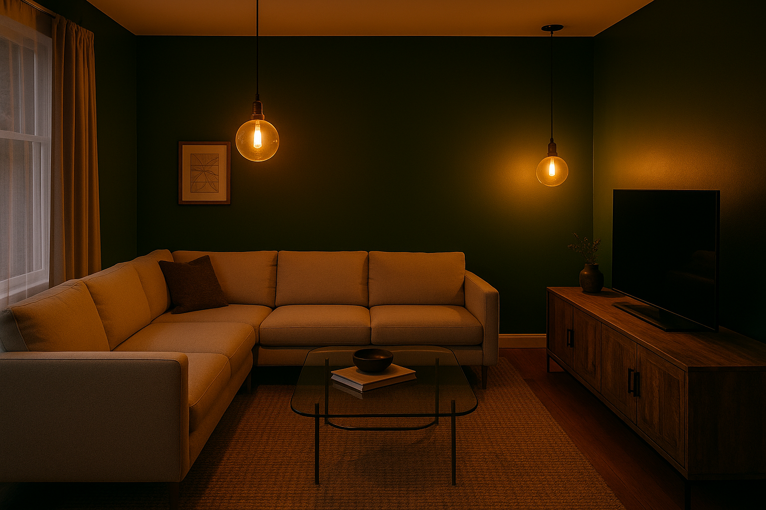 Cozy Sherman Oaks living area with deep green walls and warm pendant lighting