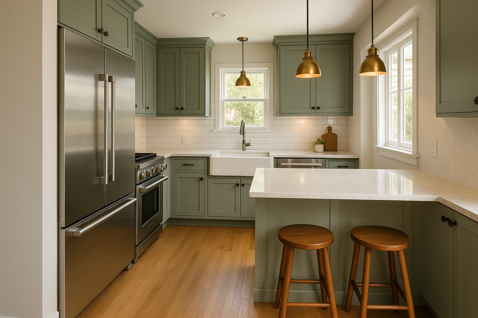 Affordable kitchen remodel in Santa Monica featuring shaker cabinets, quartz countertops, and stainless steel appliances.