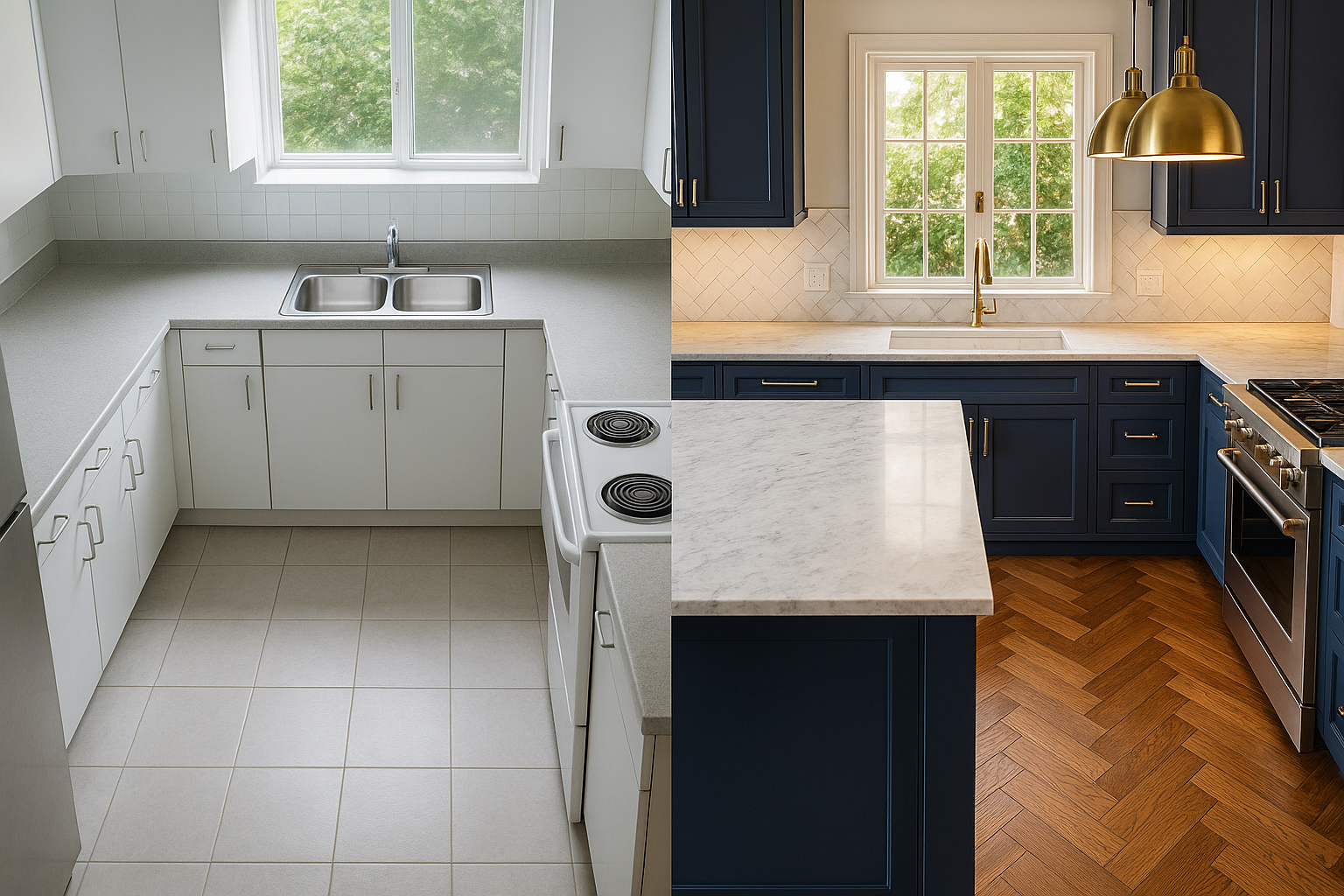 Side-by-side kitchen designs comparing affordable and luxury remodeling options in Beverly Hills.