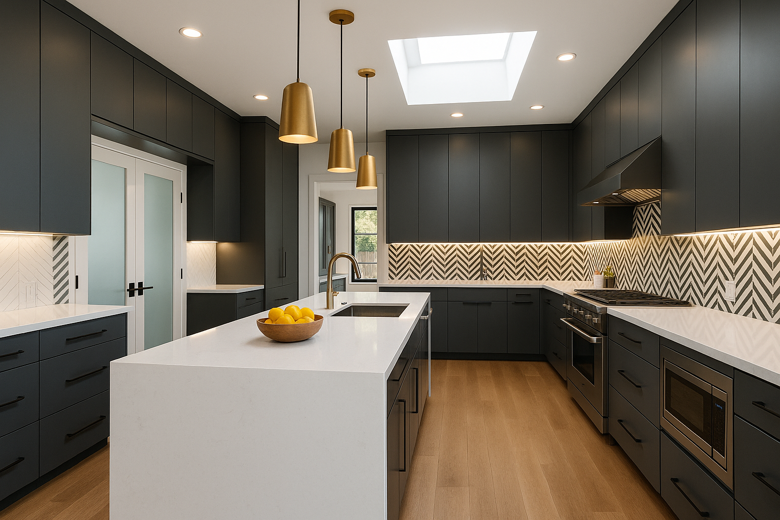 Completed luxury kitchen remodel in Los Angeles featuring a waterfall island, geometric backsplash, and natural lighting.