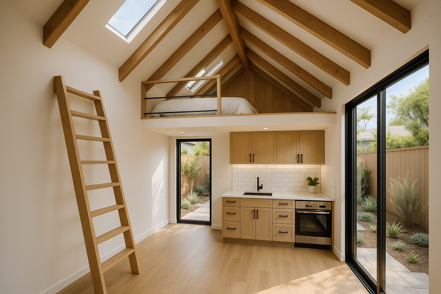 Accessory Dwelling Unit in Santa Monica with lofted sleeping area and modern kitchen, showcasing design build efficiency.