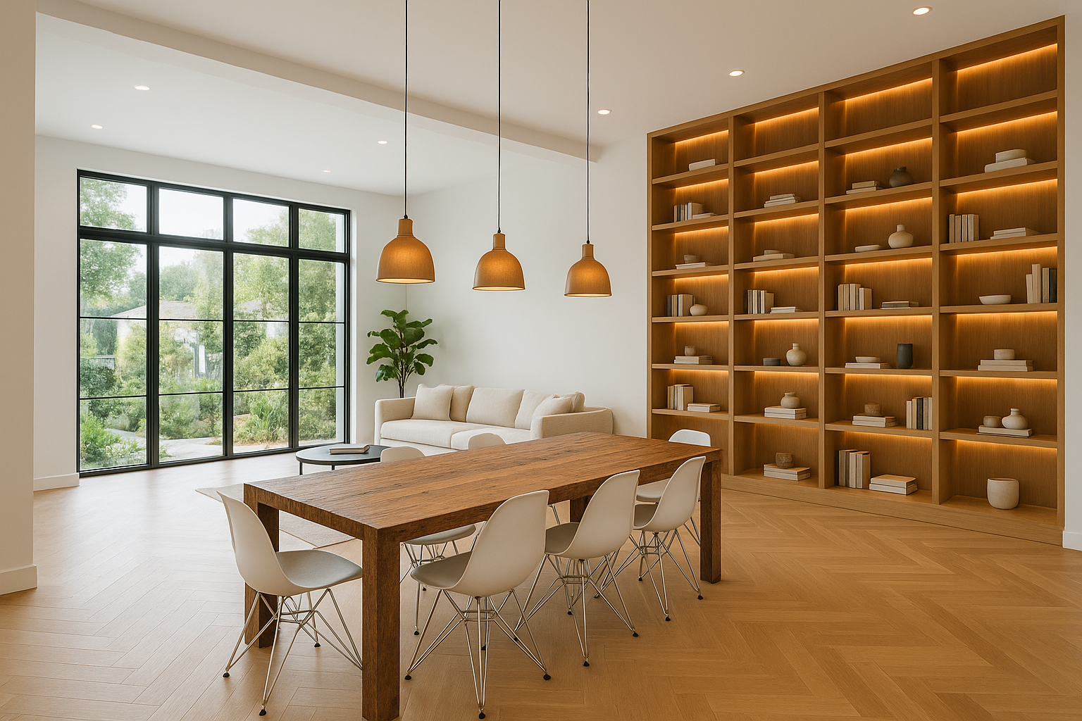 Open-concept living and dining area in a Los Angeles home remodel with white oak herringbone floors and designer furniture.