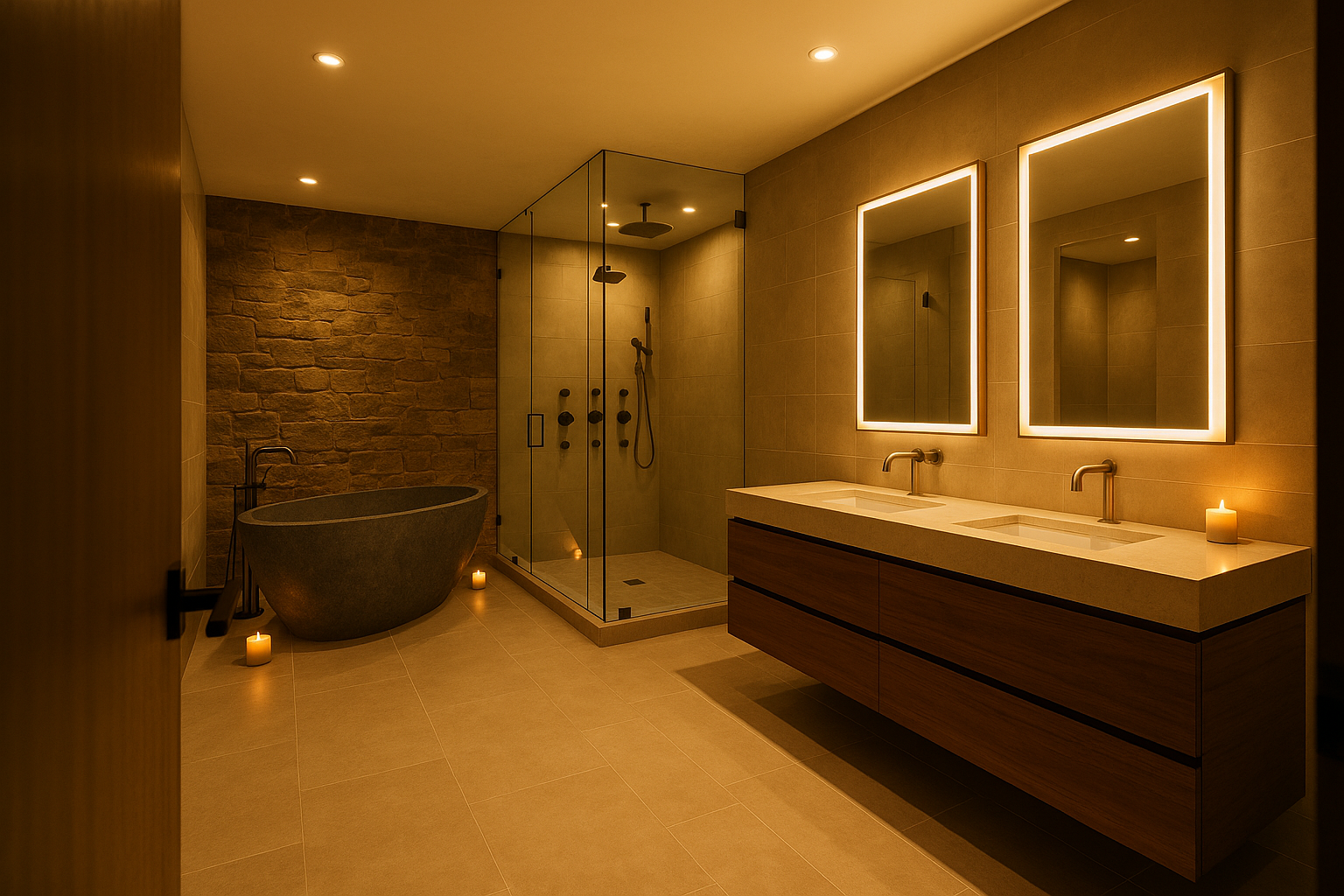 Eco-conscious bathroom remodel in Beverly Hills with a freestanding stone tub, rainfall shower, and floating double vanity.