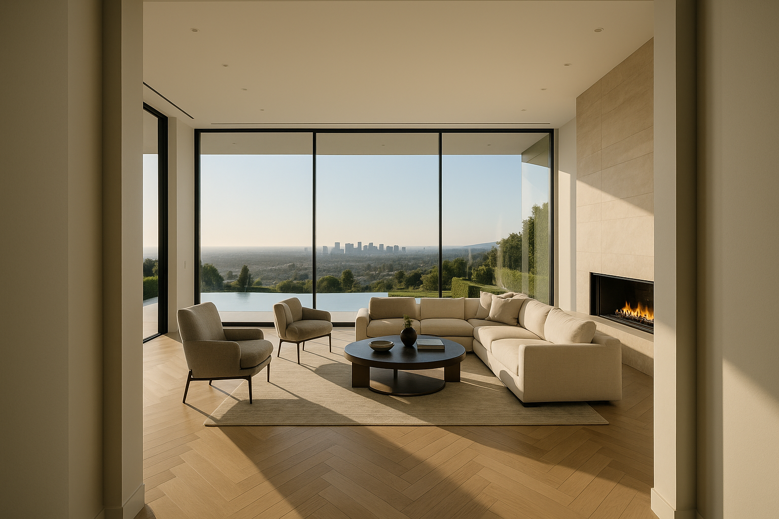 Modern luxury living room in Beverly Hills with panoramic Los Angeles views and glass walls.