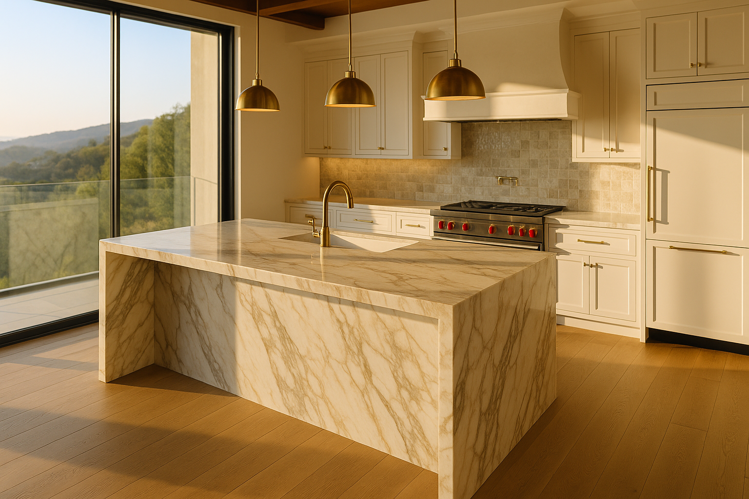 Luxury kitchen in Pacific Palisades with Calacatta marble island and high-end appliances.