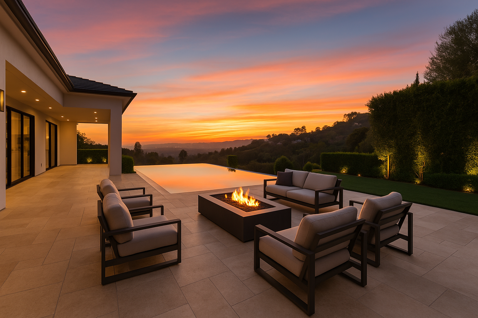 Luxury outdoor living area in Brentwood with infinity pool and sunset views.