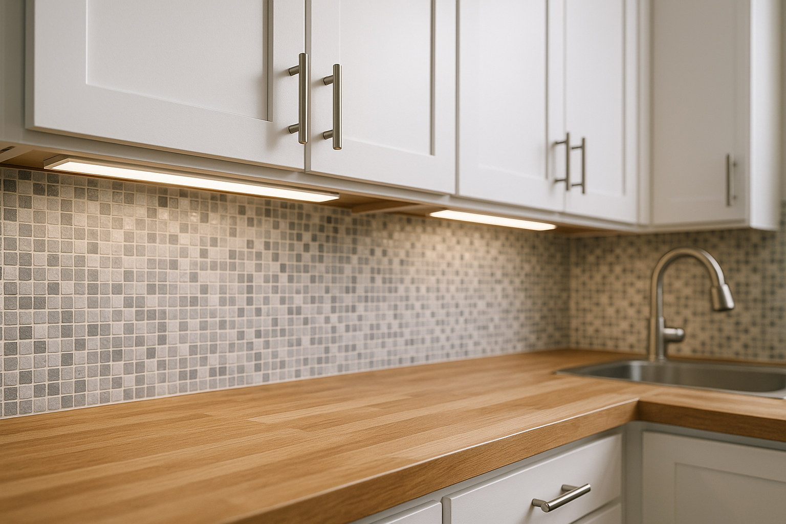 Close-up of white shaker cabinets and butcher block countertop with mosaic tile backsplash in a remodeled Burbank kitchen.