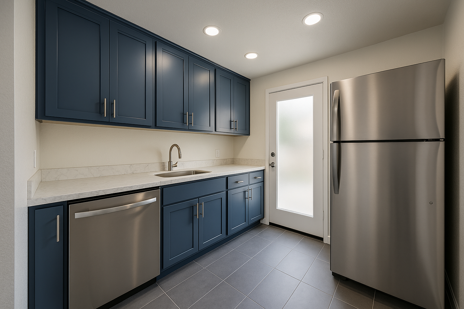 Compact kitchen in Burbank with navy blue cabinets, energy-efficient stainless steel appliances, and faux-marble laminate countertops.