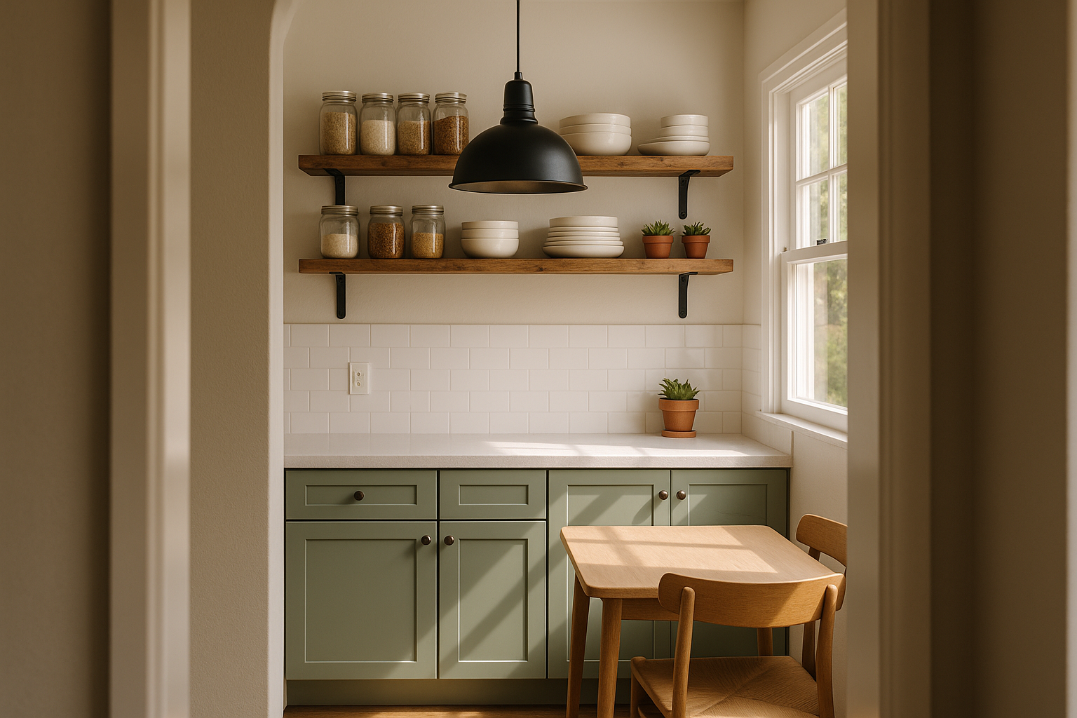 Budget-friendly kitchen updates in Burbank featuring sage green cabinets, open reclaimed wood shelving, and industrial pendant lighting.