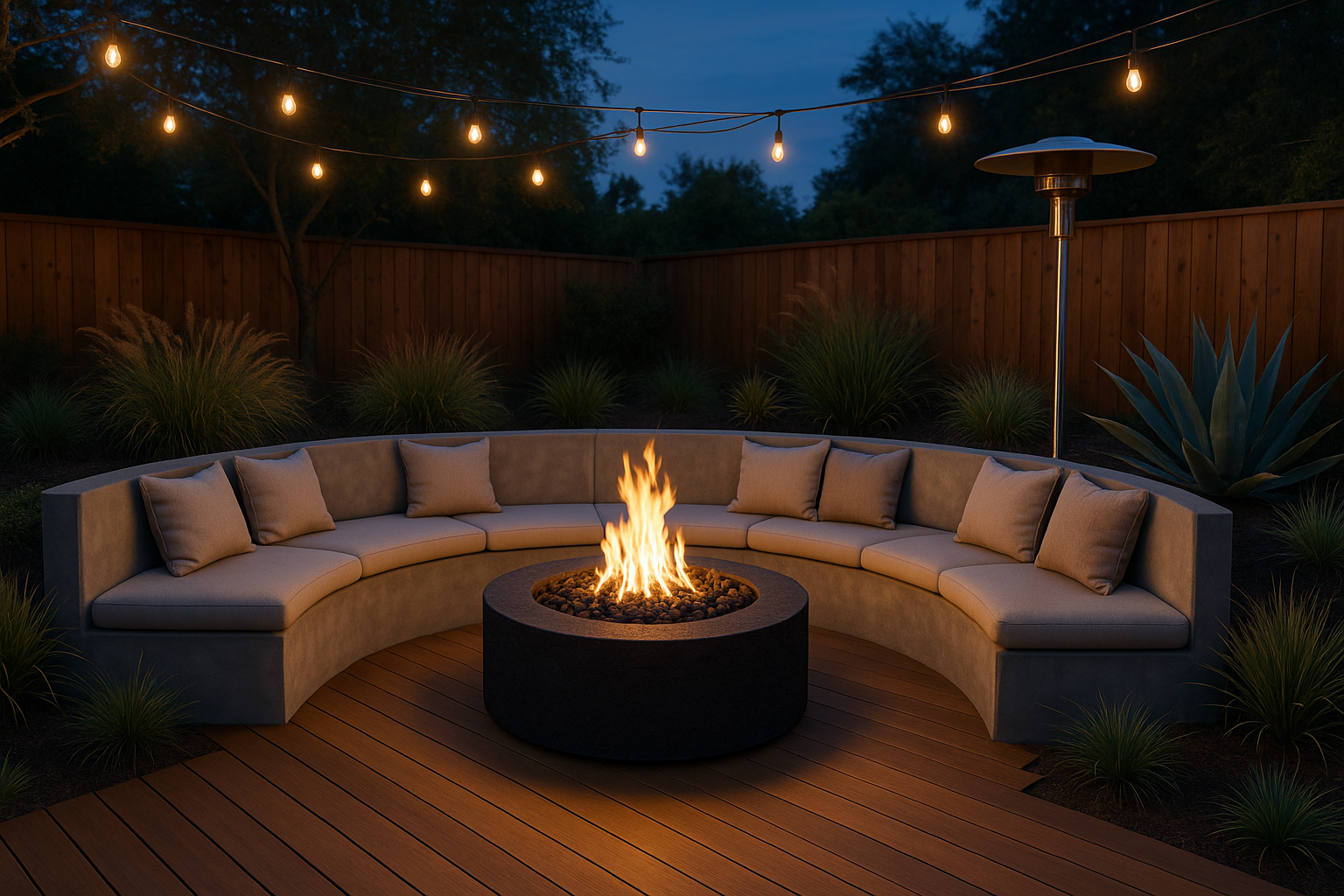 Cozy backyard fire pit area in Tarzana, California, with drought-tolerant landscaping and ambient lighting.