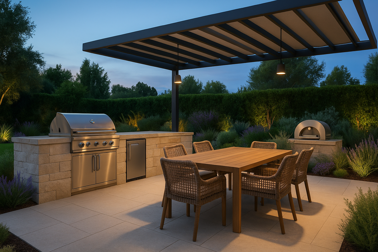 Outdoor kitchen and dining area with stainless steel appliances and limestone countertops in Tarzana, California.
