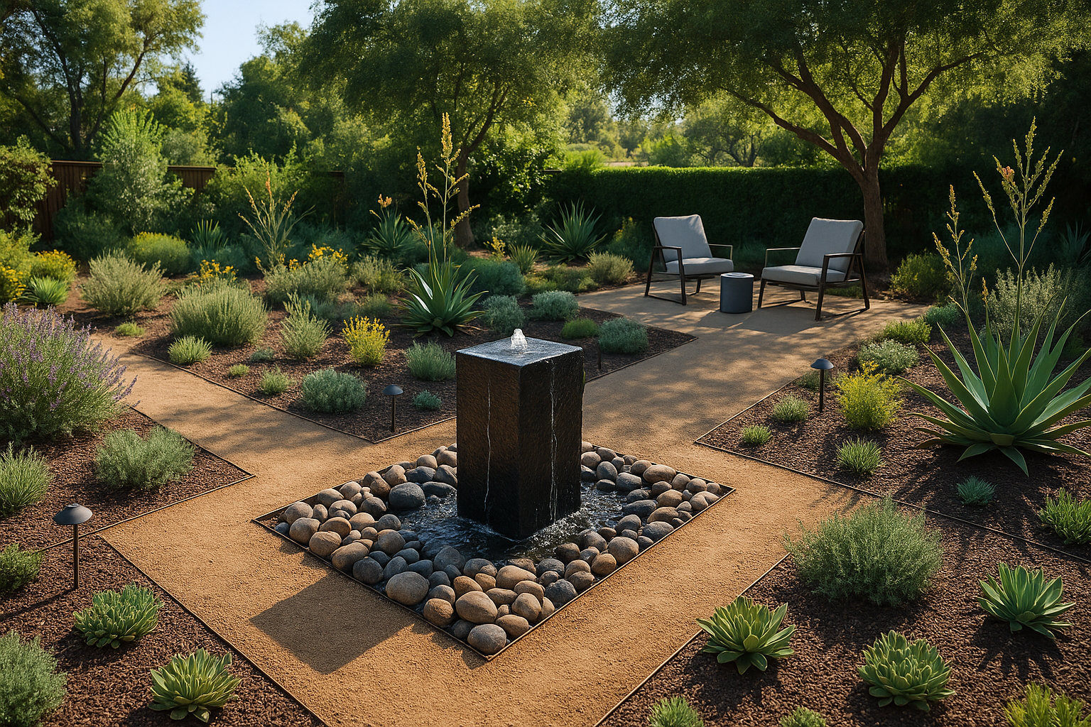 Sustainable backyard retreat in Tarzana, California, with native plants, a basalt fountain, and solar-powered lighting.