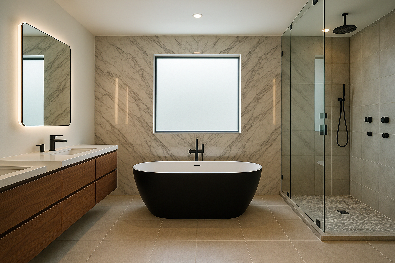 Luxurious master bathroom remodel in Pacific Palisades with black soaking tub, Carrara marble accent wall, and walnut vanity.