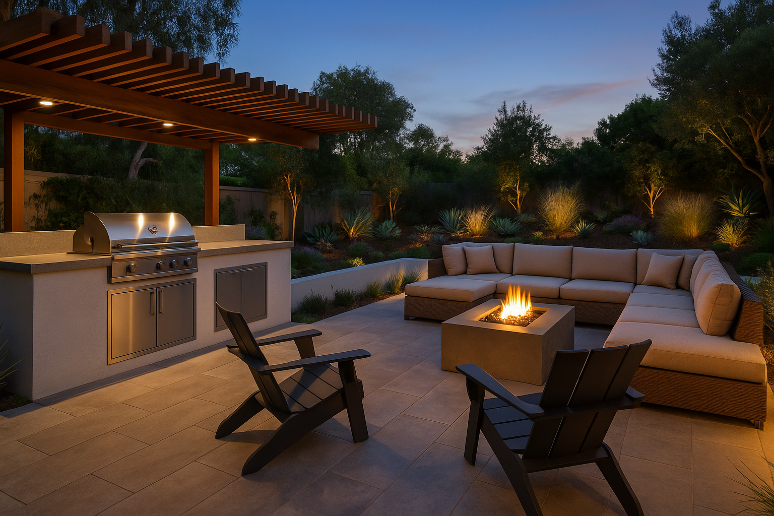 Modern outdoor living space remodel in Pacific Palisades with outdoor kitchen, fire pit, and lush native landscaping.