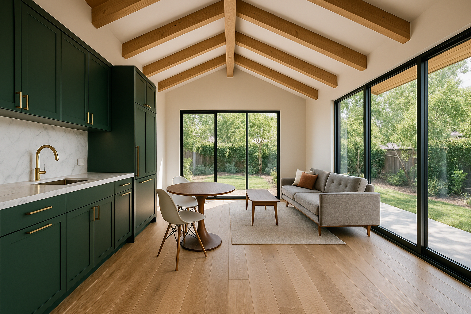 Interior of a detached ADU in Glendale, California, with vaulted ceilings, white oak flooring, and modern kitchenette design.