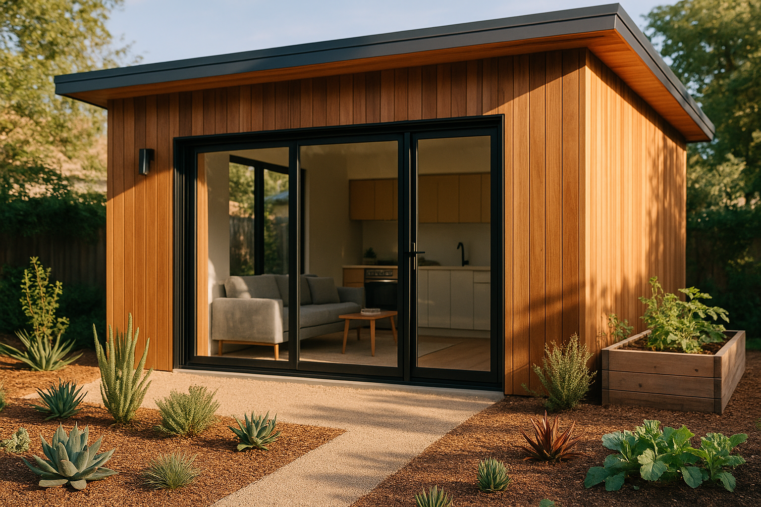 Exterior of an ADU garage conversion in Glendale, California, with cedar siding, sliding glass doors, and drought-resistant landscaping.