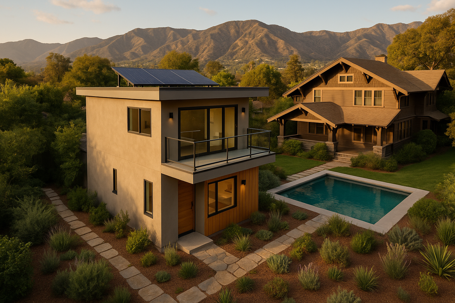 Aerial view of a two-story ADU in Glendale, California, with private entry, balcony, and solar panels, situated behind a Craftsman-style home.
