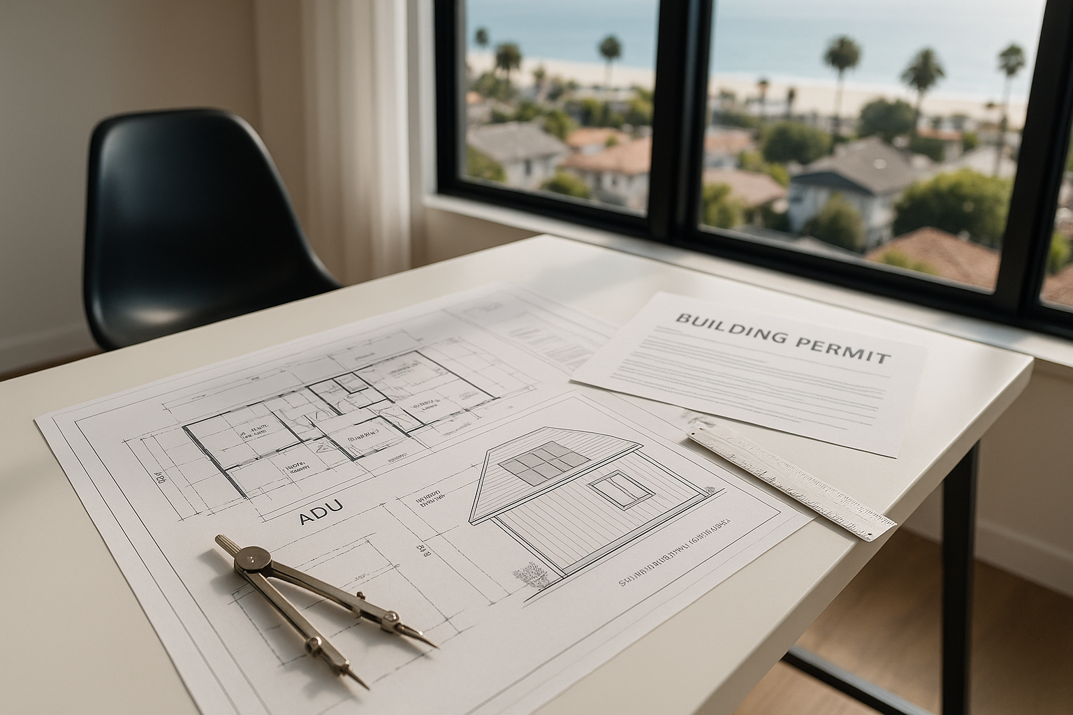 Close-up of ADU architectural blueprints and permit documents in a modern Santa Monica home office.