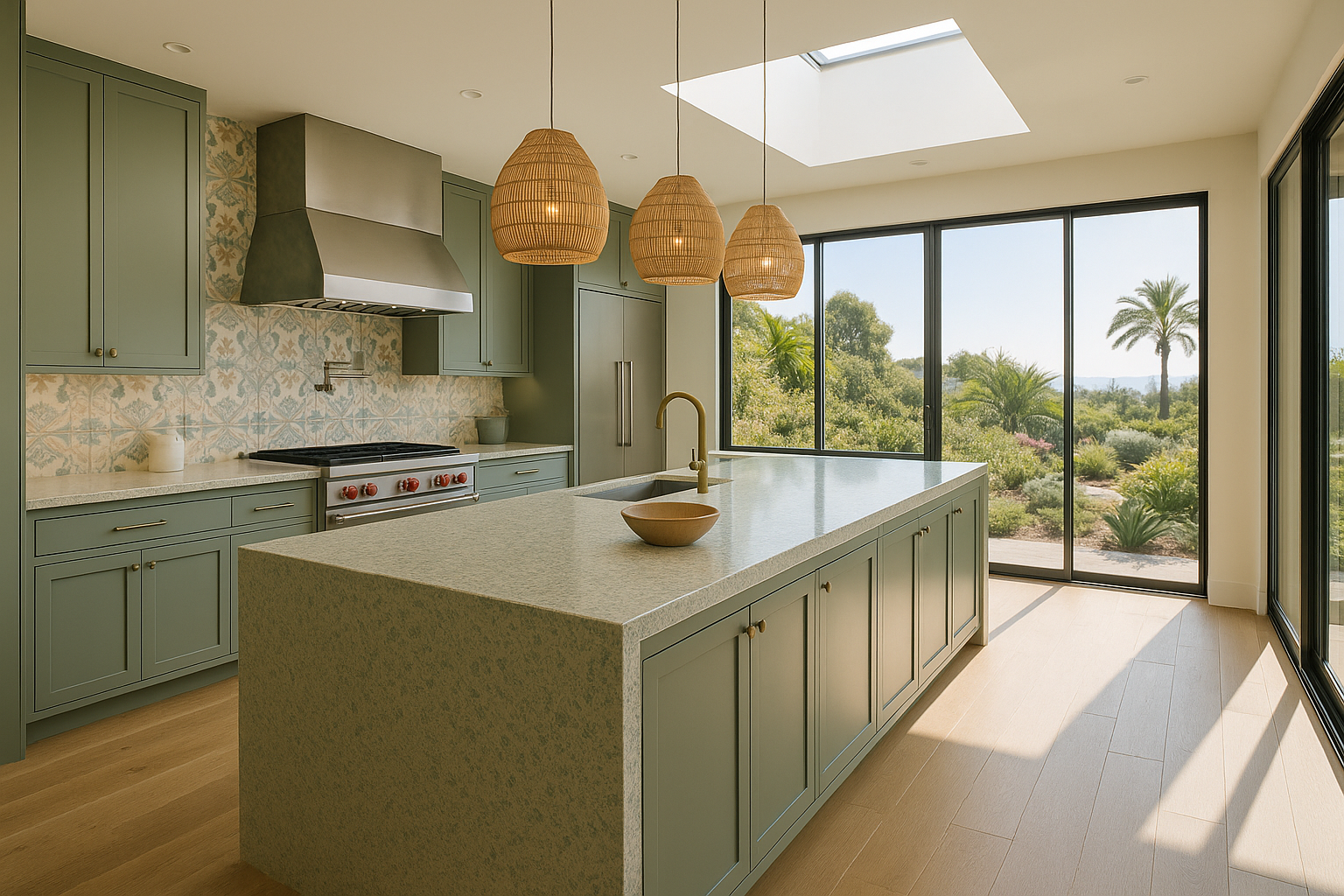 Luxurious eco-friendly kitchen in Santa Monica with recycled glass countertops, sage green cabinetry, and a skylight.