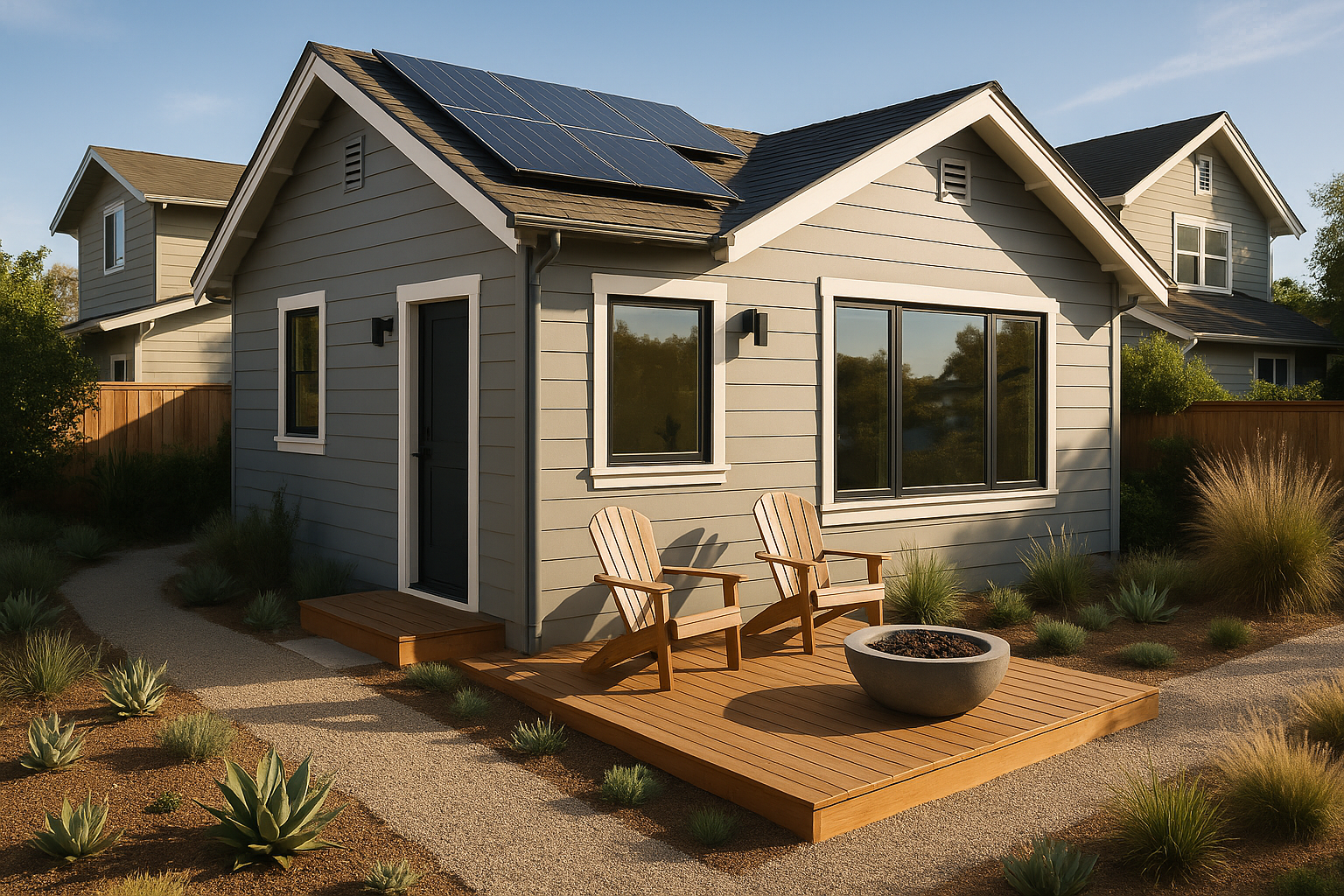 Sustainable ADU in Santa Monica with rooftop solar panels, drought-tolerant landscaping, and a modern gray exterior.